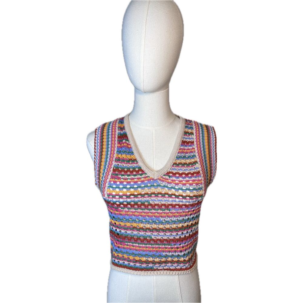 Lush Colorful Sleeveless Cropped Sweater Size S Rainbow Striped Open Knit NWT